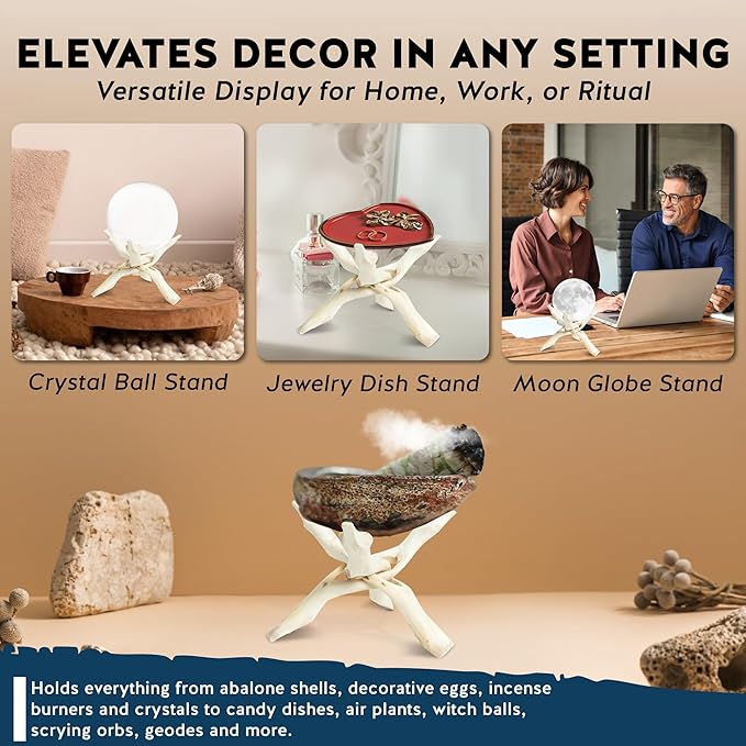 Alternative Imagination 8” Natural Wooden Tripod Stand - Home Decor Holder for Abalone Shell, Crystal Ball, Trinket Dish, Jewelry Dish, Key Bowl, Geode, and More