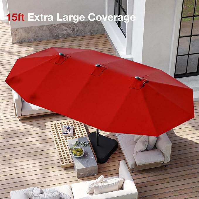 Joyside 15FT Large Patio Umbrella with Base Included, Outdoor Double Sided Umbrella, Rectangle Umbrella with Crank Handle, 12 Sturdy Ribs for Deck, Porch and Pool
