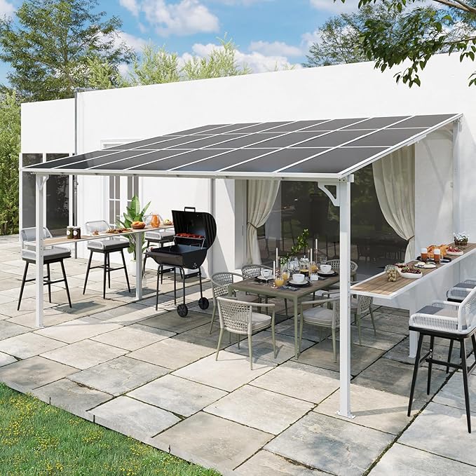 MEISSALIVVE 12' x 14' Wall Mounted Gazebo, Outdoor BBQ Grill Gazebo with Side Shelf, Lean to Metal Awnings with Sloped Roof, Heavy Duty Pergola for Backyard, Deck, White