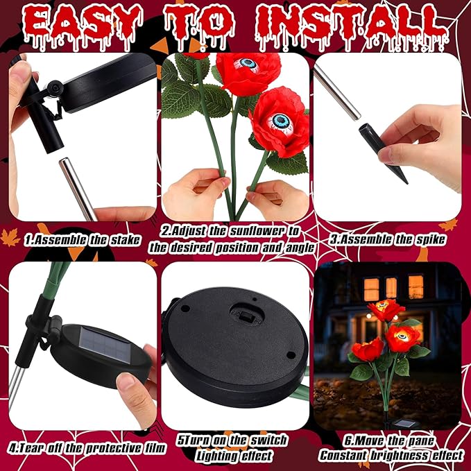 Riakrum 2 Pack Halloween Solar Eyeballs Stake Lights Waterproof Scary Roses Solar Lights Halloween Outdoor Decorations for Garden Yard Patio Pathway Lawn Party Outside Decor