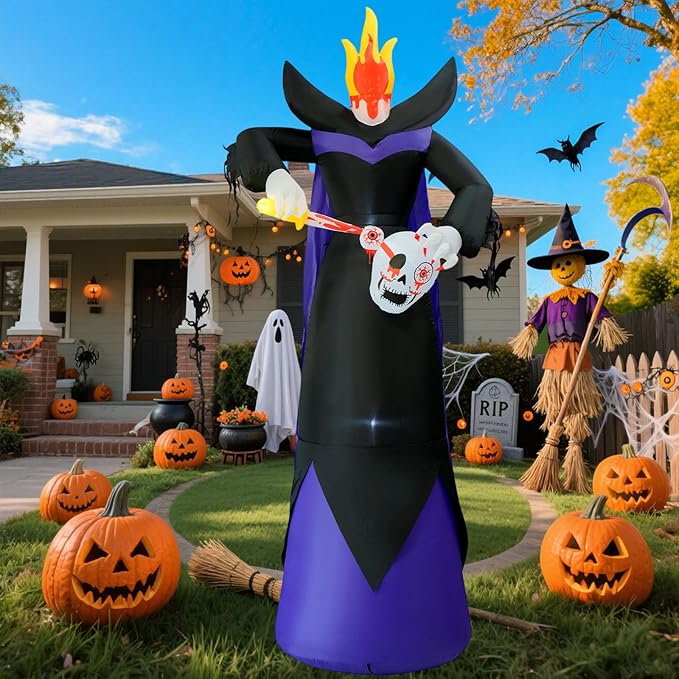 12FT Scary Halloween Inflatables Headless Killer Outdoor Decorations Grim Reaper Holding Skull Dig Out Eyeballs with Flame Light Giant Ghost Blow Up Yard Decoration for Party Garden Lawn Decor