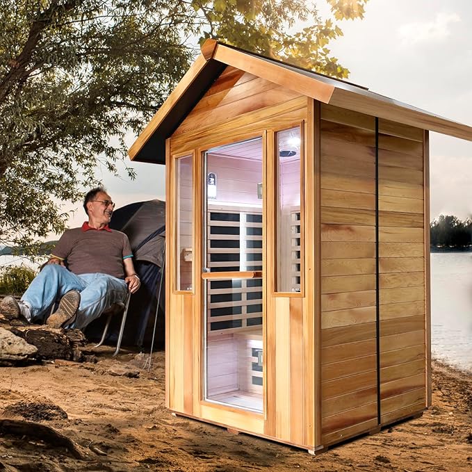 Outdoor Sauna 2 Person Sauna Infrared Saunas Dry Sauna Room Red Cedar and Canadian Fir Wood Wooden Sauna Spa 2080W Red Light Lamp 48.8 * 38.19 * 81.89inch