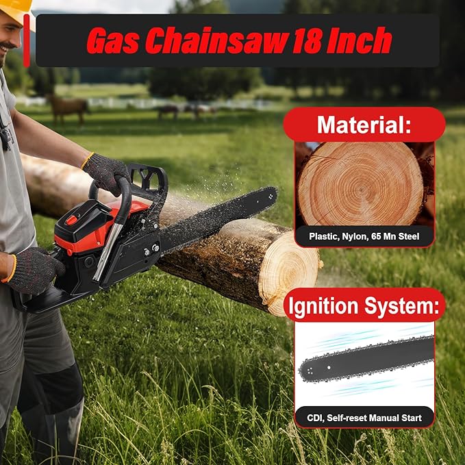 Gas Chainsaw 18 Inch, 58CC 2 Stroke Gas Powered Chainsaw, Single Cylinder Air-cooled Petrol Chain Saws Gas for Cutting Wood Outdoor Garden Farm Home