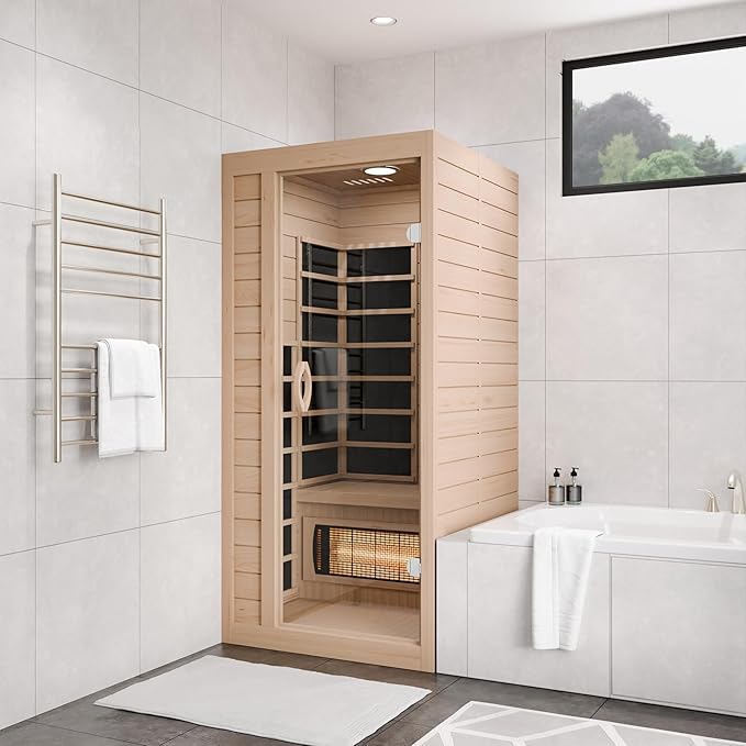 SteamSpa Home Sauna Room 1 Person Hemlock Wooden Indoor Sauna Spa - Bluetooth Speaker, FM, Oxygen bar, Heating Plate, Three Colors Lanterns, Touch Control Panel Temperature