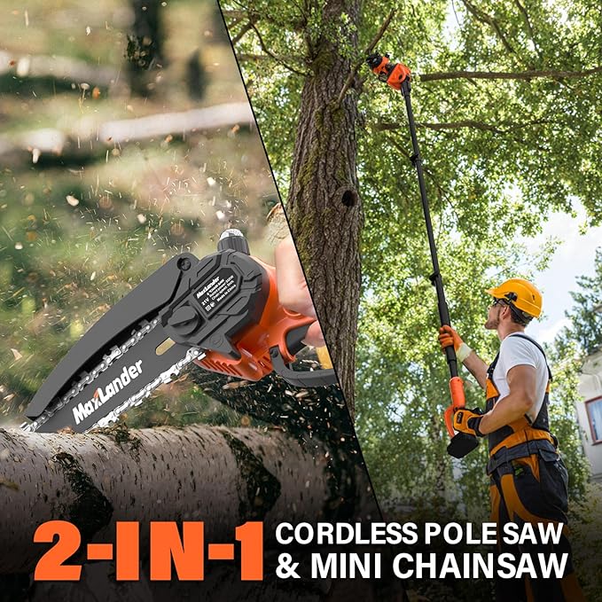 MAXLANDER 2-in-1 Cordless Pole Saw & Mini Chainsaw, 6'' Electric Pole Saws for Tree Trimming, 20V Battery Pole Saw with 2 Chains, 14ft Reach Pole Chainsaw(2PCS Battery and Charger Included)