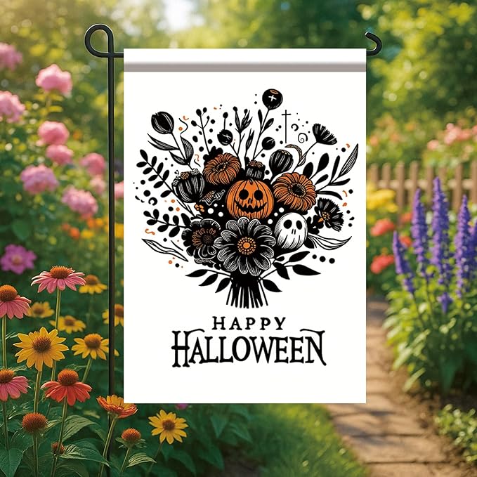 Halloween Garden Flag 12x18 Inch Pumpkin Ghost Floral Bouquet Yard Banner Happy Halloween Outdoor Decoration Double Sided Seasonal House Flag for Porch Patio Lawn Garden Party Fall Decor