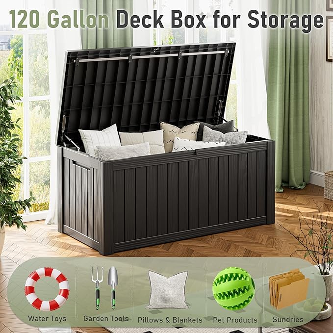 Outdoor Storage Box, Resin Deck Boxes Indoor and outdoor, Waterproof Storage Box Lockable Lid (Black, 120 Gallon)