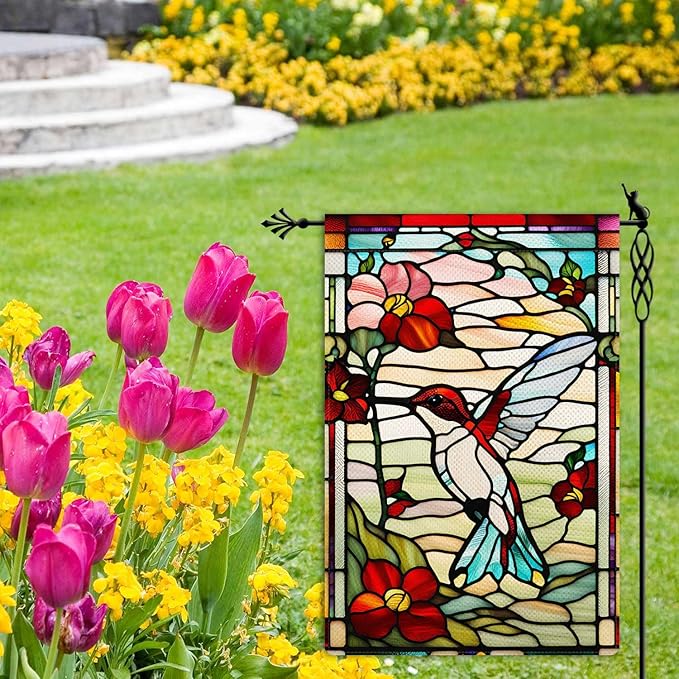 Spring Summer Hummingbird Garden Flag Glass Style Garden Flag Vertical Double Sided Rustic Farmland Burlap Yard Lawn Outdoor Decor 12.5x18"