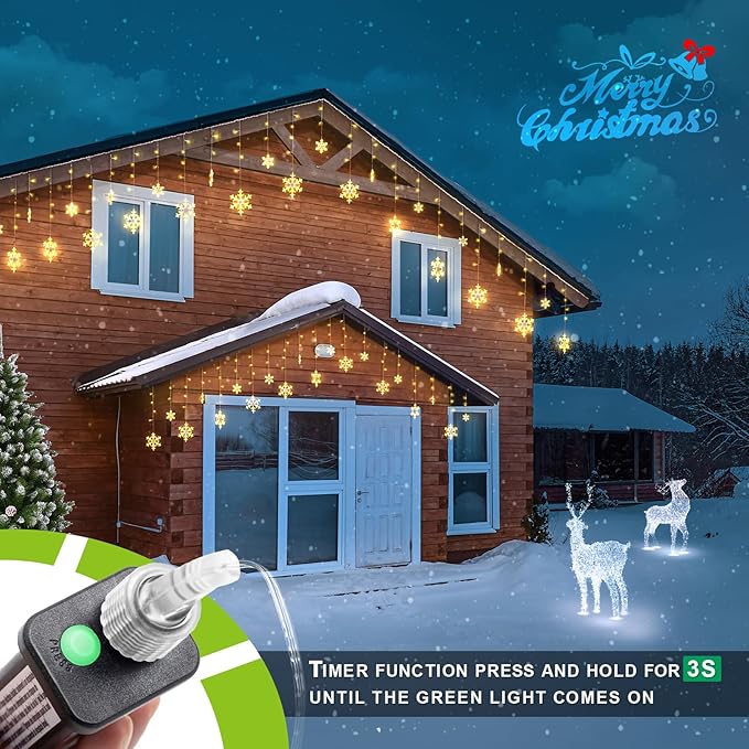 Christmas Snowflake Lights, 16.73ft Outdoor Led Snowflake Icicle Christmas Lights with 20 Drops, Waterproof Snowflake Lights Emit Warm White Lighting for Eaves, Window, Curtain Xmas Decorate