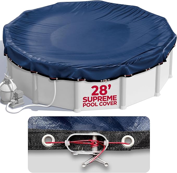 28 ft Round Pool Cover for Above Ground Pools, Above Ground Pool Cover, Swimming Pool Cover, Winter Pool Cover, Keeps Out Debris, Cold and UV Resistant, Supreme Mesh, Navy Blue