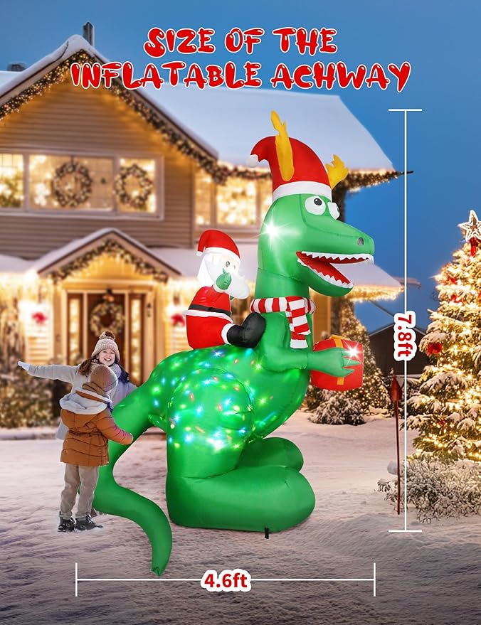 8ft Christmas Inflatables Dinosaur Outdoor Decorations with Bright LED and Disco Light, Santa Claus Riding Dinosaur Holding Gift Box, Outside Blow Up Decor for Xmas Holiday Party Yard Garden