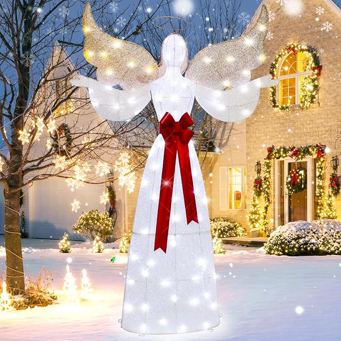 65" Lighted Angel Christmas Decoration, 3D Halo Angel with Golden Wings, White LED Lights, Outdoor/Indoor Use