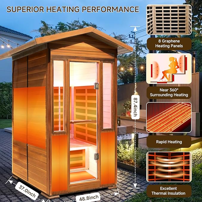 Outdoor Sauna 2 Person Sauna Outdoor Infrared Sauna 2-Person for Home 1800w Outdoor Saunas for Home Canadian Hemlock and Red Cedar Wood Sauna Outdoor Two Person Far Infrared Sauna Low EMF for Backyard