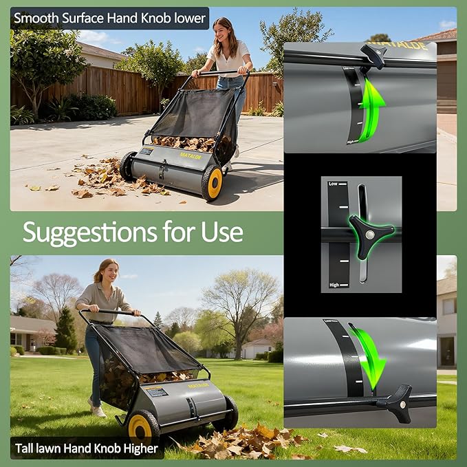 26" Push Lawn Sweeper with 7.5 cu. ft Mesh Collection Hopper Bag, 100L Leaf Bag, 4 Adjustable Height Spinning Brushes, Steel Frame & Rubber Wheels – Quick Cleaning for Leaves and Grass,Grey