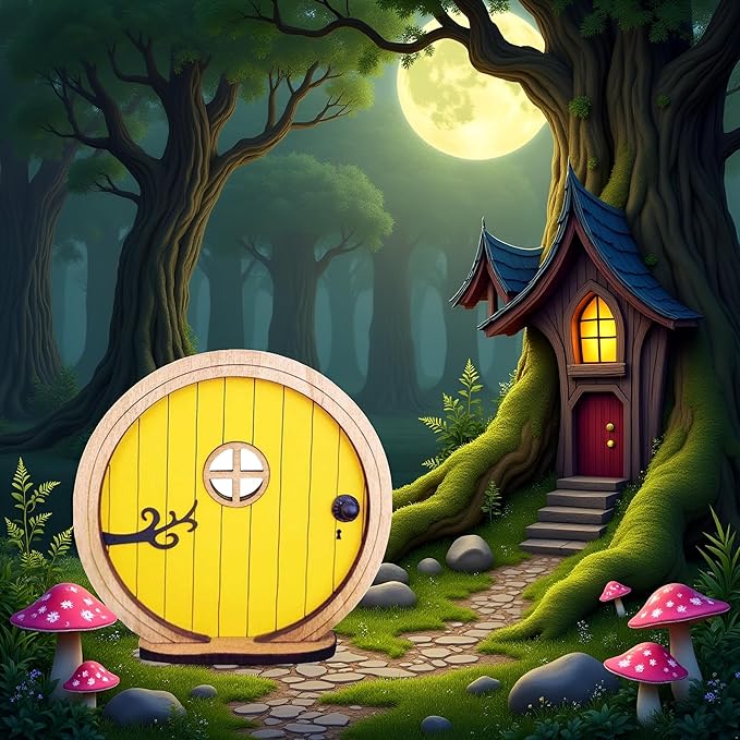 1Pc Fairy Garden Door for Tree, Fairys Doors for Trees Outdoor and Tree Trunk, Mini Fairy Garden Sculpture Lawn Ornament Decor, Fairytales Door Decoration，Gardens Miniatures (Yellow)