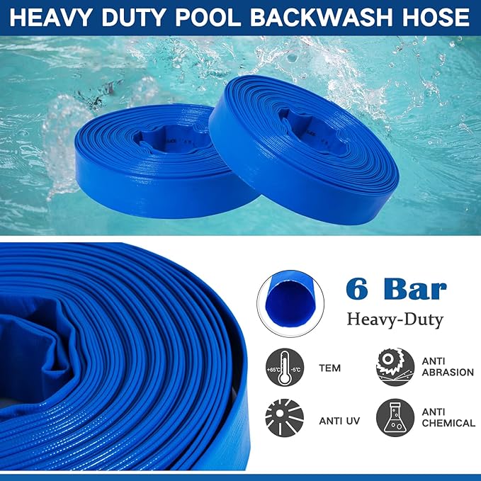 Eastrans 1 1/2 in x 50 ft Pool Backwash Hose Kit with Female NPT Adapter, Heavy Duty Discharge Pump Hose for Swimming Pool,Reinforced Pool Drain Hose with 2 Clamps and Thread Seal Tape,6 Bar
