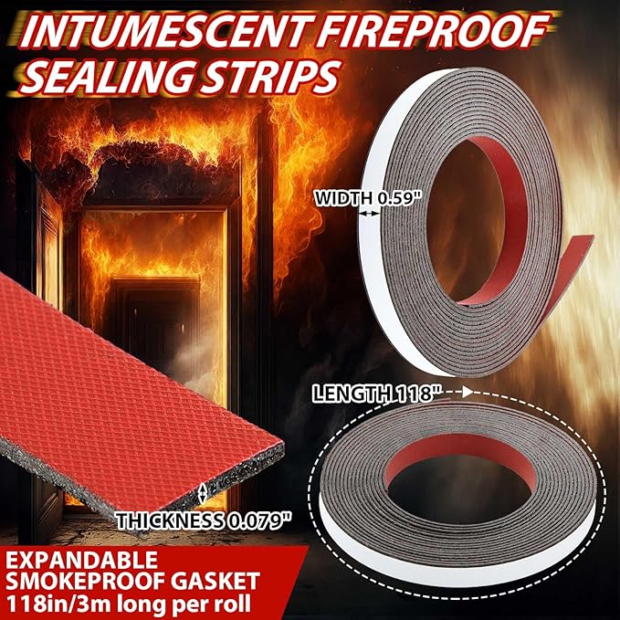 2 Rolls Intumescent Smoke Seal Strip Tape Flexible Expanding Fire Door Strips Adhesive Backed Composite Rubber Smoke Gasket Seal for Fire Windows Steel Doors, 0.6'' x 0.08'' x 9.8'/Roll