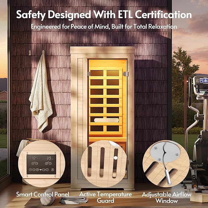Infrared Sauna at Home 1 Person Mini with 7 Color Therapy, Low EMF 1240W Fast Heating Canadian Hemlock Wood Sauna, Indoor Dry Sauna with Bluetooth Speakers for Home, Gym (2.3Lx2.9Wx5.2H Ft)