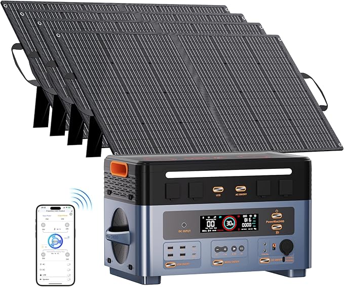 OSCAL 2400W Power Station with 4×100W Solar Panel PowerMax 2400, 1872Wh Solar Generator with 4 AC Outlets (5000W Peak), Fast Charging, APP Control Battery Backup for Home, Camping & RVs