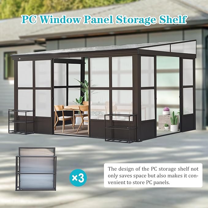 10x14FT Wall Mounted Sunroom Kit All Season, Outdoor Enclosed Gazebo Lean to Solarium with Detachable Polycarbonate Roof/Windows, 2 Lockable Sliding Doors, Permanent Aluminum Sun Room for Patio