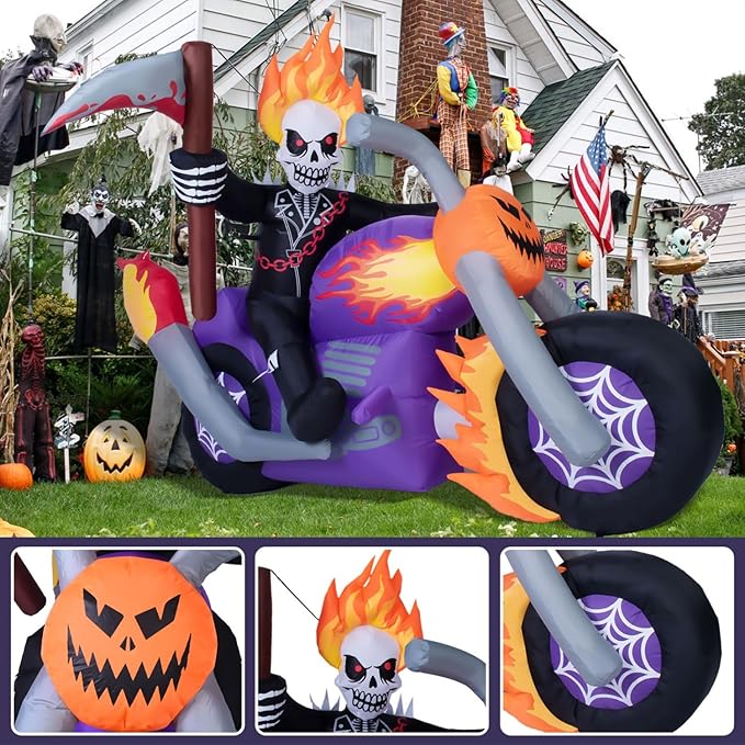 6 FT Halloween Inflatable Grim Reaper Motorcycle Rider Scary Halloween Blow Up Outdoor Decorations Grim Reaper Riding on Motorbike with Built-in LEDs Garden Blow up Yard Decor