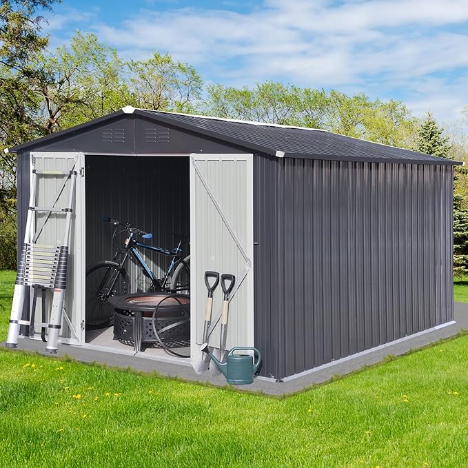 10x12 FT Metal Outdoor Storage Shed & Double Hinged Large Door - Heavy-Duty Shed with Floor, Lockable & Ventilation - Rainproof Windproof Large Utility Garden Shed for Backyard Patio Lawn-Dark Gray