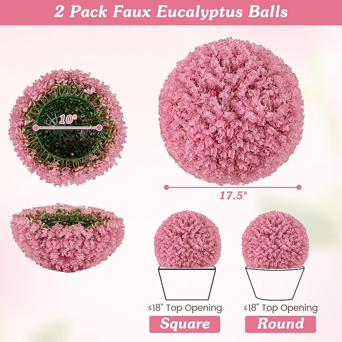 Goplus 17.5 Inch Topiary Balls Artificial Outdoor Set of 2, Faux Pink Eucalyptus Decorative Balls, Fake Plant Sphere, Round Artificial Plant Balls for Front Door, Porch, Backyard, Home Décor