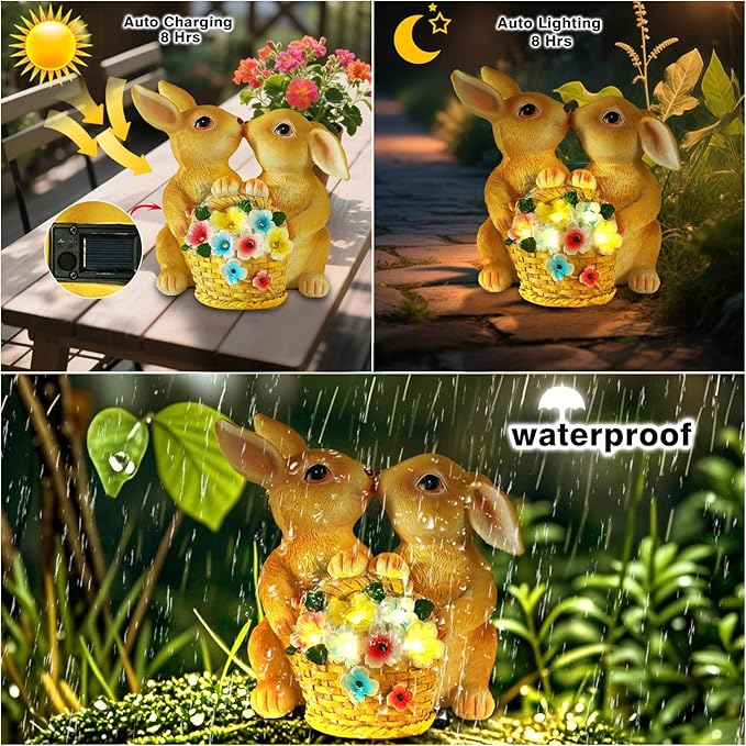 Garden Statues Rabbit Solar Lights, Bunny Decor with LED Lights Home Decorations Outdoor Garden Rabbit Statue for Patio, Balcony, Yard, Lawn Ornament - Unique Housewarming Birthday Gifts for Women