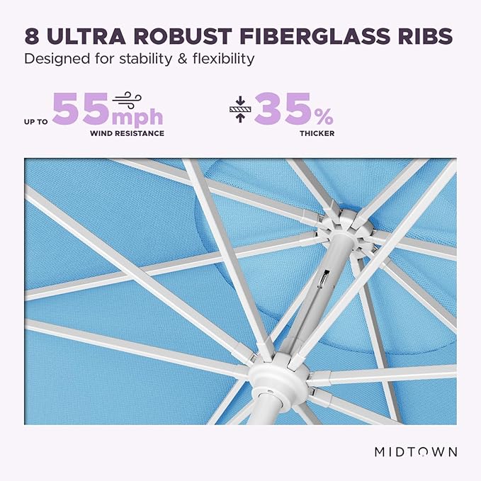 Midtown Umbrellas The Swilt 9 Feet Patio Umbrella in Sunbrella Capri Acrylic Fabric - Fiberglass Ribs, Auto-Tilt Aluminum Frame For Backyard, Deck, Garden, Pool - White Pole