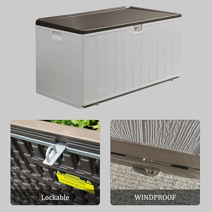 110 Gallon Pro Outdoor Storage Box Waterproof Lockable Deck Box Large, Patio Storage Bin for Pool Accessories Cushion Furniture, Garden Tools, UV-Resistant Outside Delivery, Grayish Brown
