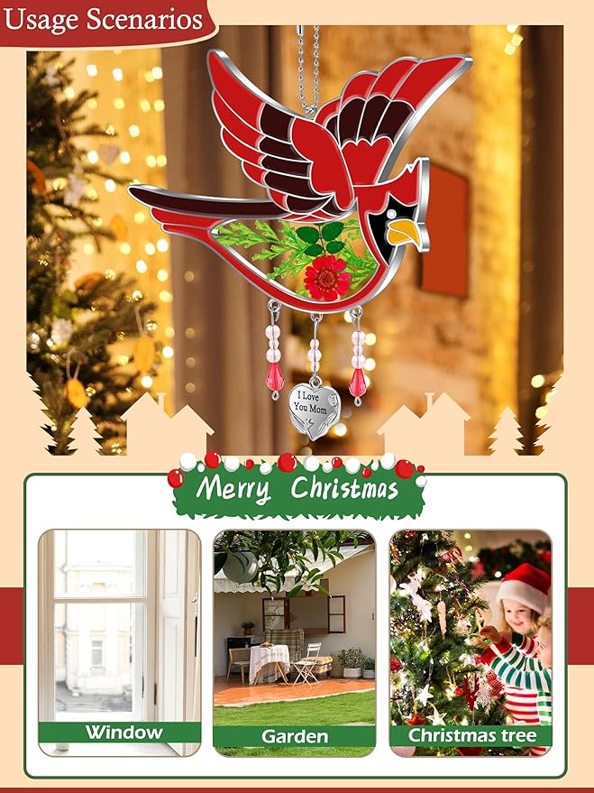 KY&BOSAM Cardinal Suncatcher I Love You Mom Glass Hangings for Windows Wind Chime Ornament with Hand Painted Real Flower and Metal Heart Charm Birthday Gifts for Women Mom Mother's Day