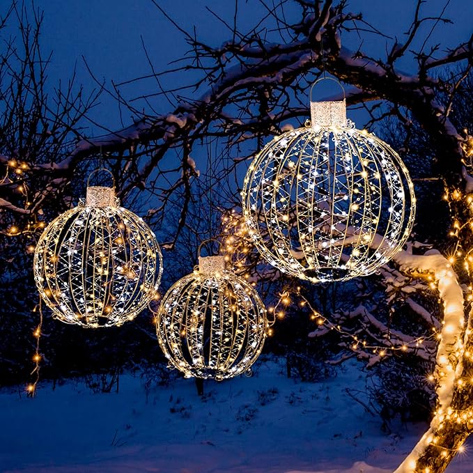 Tangkula Christmas LED Light Balls for Tree (3 Pack), Outside Lighted Sphere with 180 Warm White & 180 Cold White Lights, Holiday Lighted Decorations, Christmas Sphere Balls for Indoor Outdoor Decor