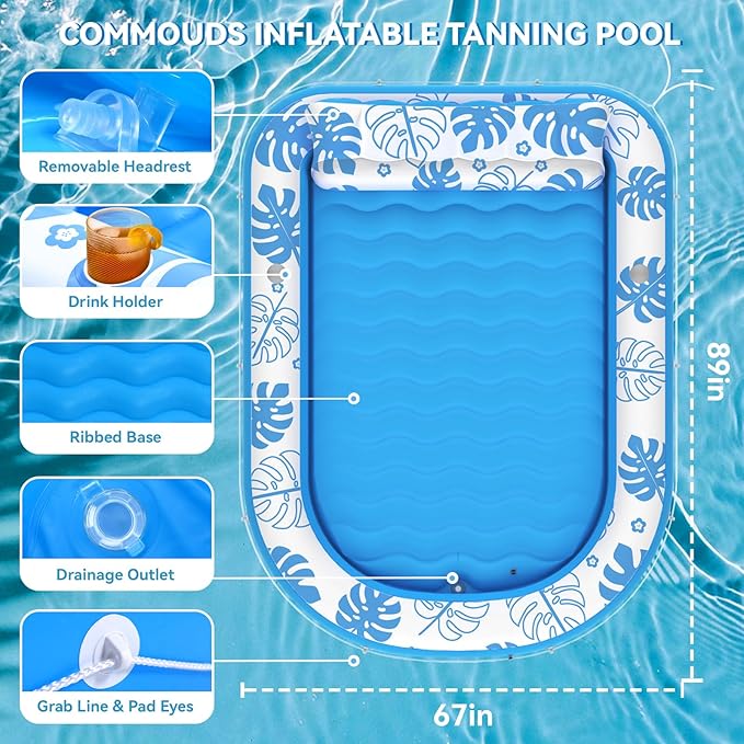 Inflatable Tanning Pool Lounger Float with Cervical Pillow - Pool Floats Adult for Sunbathing, Backyard, Pool Party - Inflate Ball Pit for Babies - Kids Swimming Pool Bed