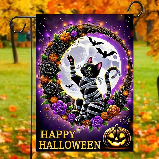 Trick or Treat Halloween Garden Flag for Outside, Black Cat Garden Flag 12x18 Double Sided Vertical Kitten Yard Flag for Outside Halloween Winter Lawn Farmhouse Patio Banner
