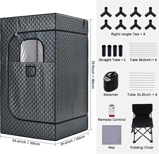 Albott Portable Sauna Box for Home, Person Steam Sauna Tent with 3L 1500W Steamer, Extra Large Size 3.3’ x 3.3’ x 5.9’ Full Body Home Spa, Remote Control, Folding Chair, Grey