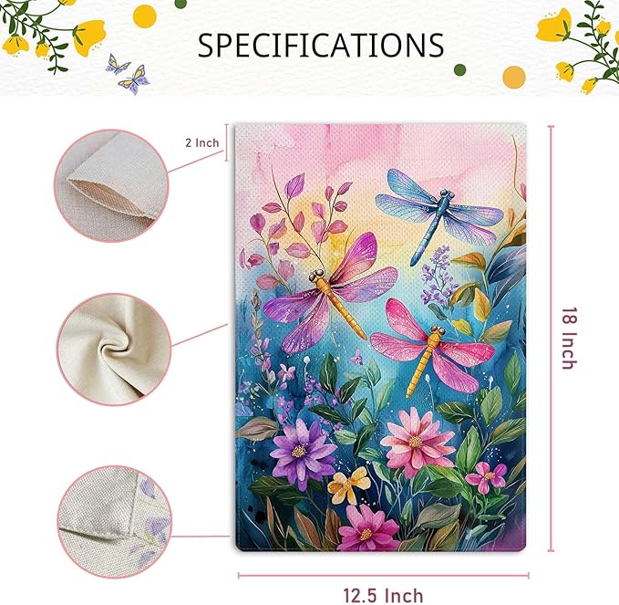 Colorful Spring Summer Dragonfly Garden Flag Floral Flowers Garden Flag Vertical Double Sided Rustic Farmland Burlap Yard Lawn Outdoor Decor 12.5x18"