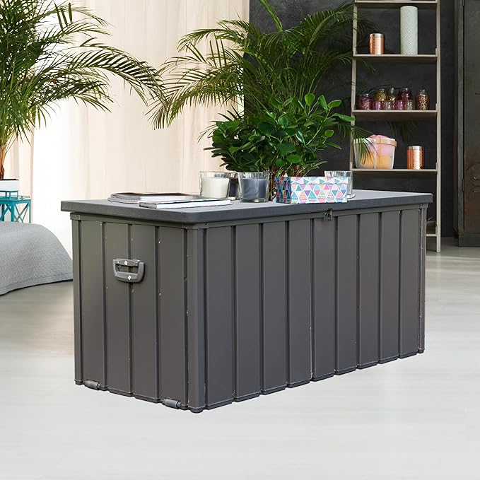 LANTRO JS Deck Box 100 Gallon, Patio Storage Cabinet, Waterproof Outdoor Storage, Resin Lid Metal Patio Storage Bin with Lockable, Dark Gray