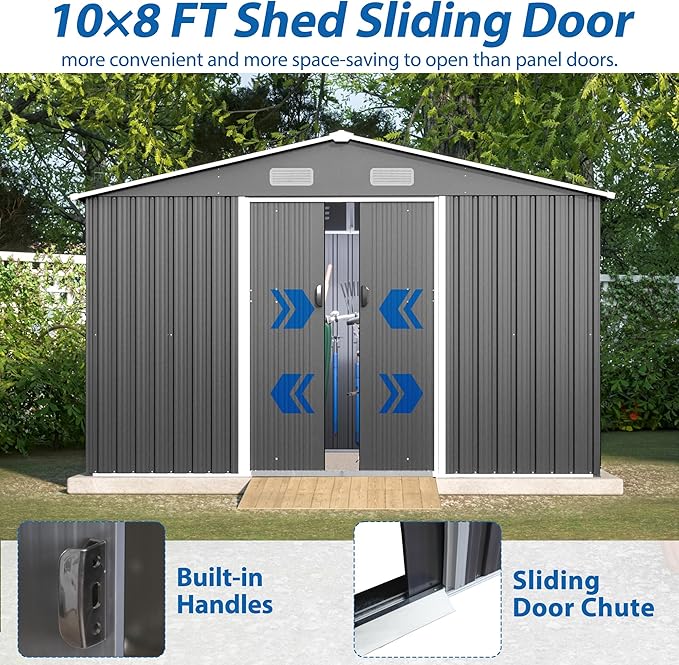 10X8 FT Outdoor Storage Shed, Metal Foundation & Lockable Doors, Tool Shed for Garden, Patio, Backyard, Lawn, Grey