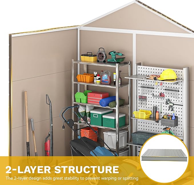 DWVO 6x4.4 FT Outdoor Storage Shed, Plastic Garden Tool Shed with 2 Windows, Double-Wall Outside Shed for Lawn Mower, Garden Tool for Backyard, Patio, Lawn, Lockable, Beige