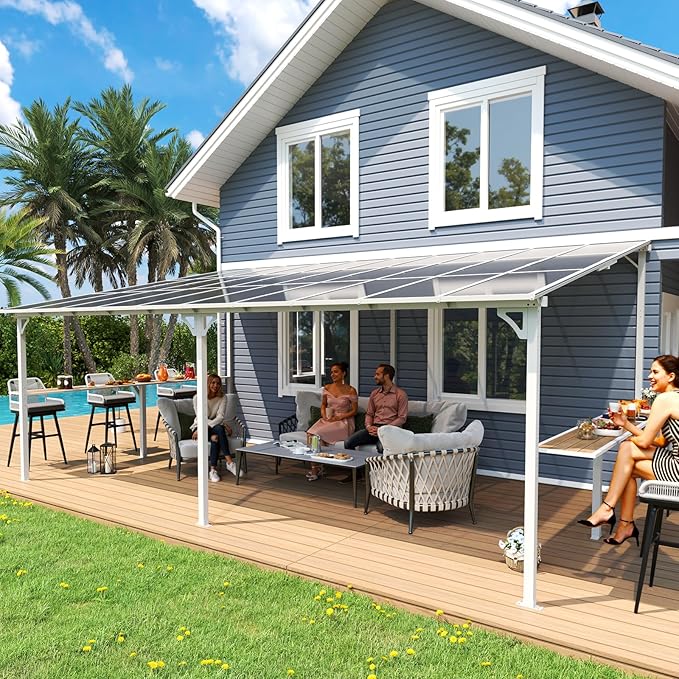 MEISSALIVVE 12' x 20' Wall Mounted Gazebo, Outdoor BBQ Grill Gazebo with Side Shelf, Lean to Metal Awnings with Sloped Roof, Heavy Duty Pergola for Backyard, Deck, White
