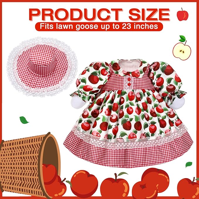 Lolita Goose Outfit Set for 23'' H Plastic Porch Cement Statue Cute Lolita Skirt Fall Spring Summer Goose Costume for Indoor Outdoor Yard Lawn Patio Art Decor(Apple)