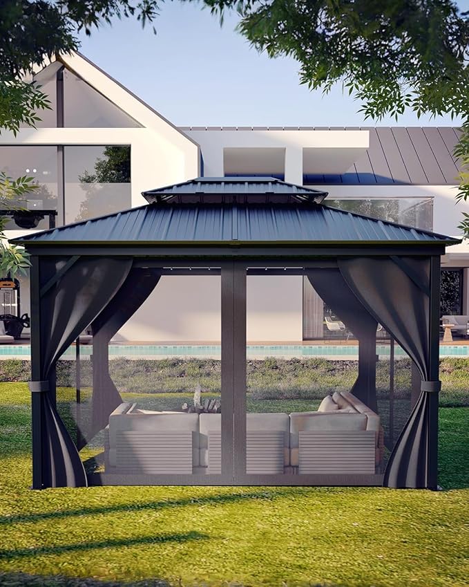 GAOMON Hardtop Gazebo 10'x14' for All Weather, with Double Metal Roof, Aluminum Alloy Frame, Net, and Curtain, Permanent Building of Backyard Luxury for Patio, Deck, Backyard, Lawn, and Garden, Gray