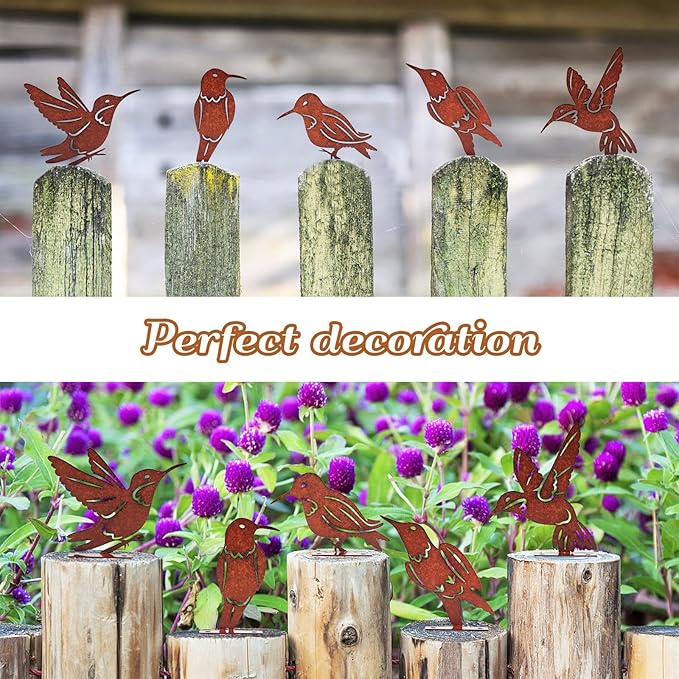 5PCS Rusty Birds Decoration, Outdoor Metal Birds Decor for Yard, Wall & Fence - Hummingbirds Craft Statue Ornaments - Garden Sculptures and Yard Art - Rustic Garden/Farmhouse Decor, Double-Side Design
