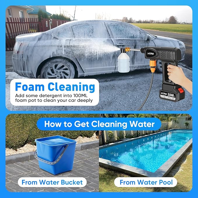 Portable Cordless Pressure Washer, 600 PSI 21V 2x3.0Ah Rechargeable Batteries Powered Pressure Washer, 6-in-1 Nozzle with Jet Nozzles for Car Floor Wall Fence Cleaning Pet Cleaning