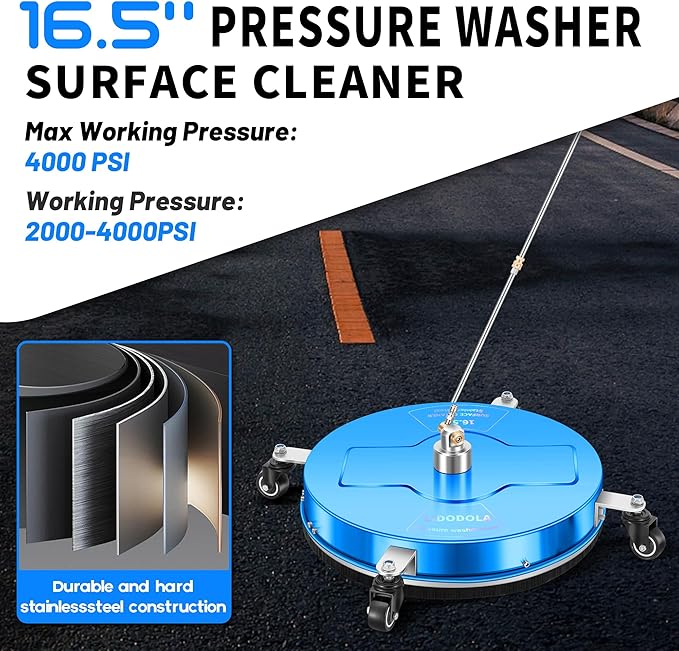 16.5" Pressure Washer Surface Cleaner with 4 Wheels - Coated Blue Stainless Steel Surface Cleaner for Pressure Washer Attachment for Concrete, Driveway, Patio, Sidewalk, Deck and Driveways - PWS165