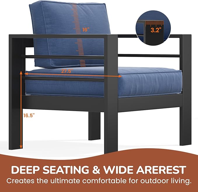 Solaste Outdoor Aluminum Furniture Set - 4 Pieces Patio Sectional Chat Sofa Conversation Set with Table,Black Frame and Blue Cushion