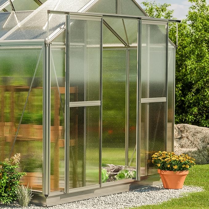 Greenhouse Saphir 6 Aluminum Frame 8.5 x 12.6 ft Approx. 6 mm Polycarbonate Panels - with Bonus Base Frame and Automatic Vent Opener
