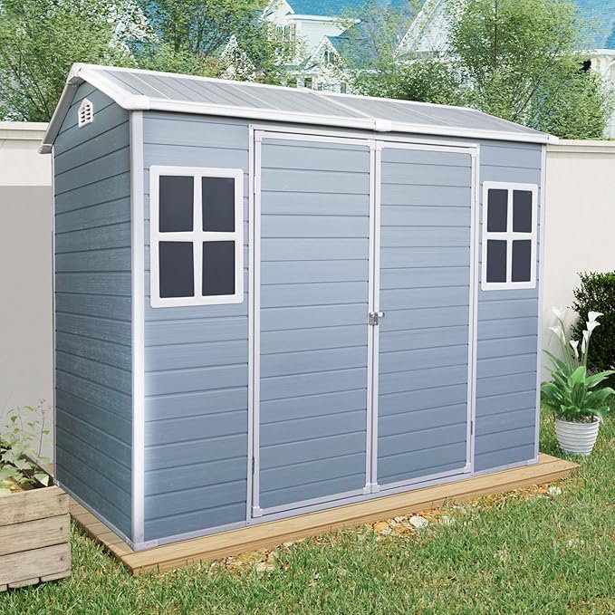 LANTRO JS Plastic Storage Shed with Floor, Resin Shed with Floor, 8x4FT Outdoor Shed with 2 Windows and Lockable Door Sheds for Garden Tools, Bike