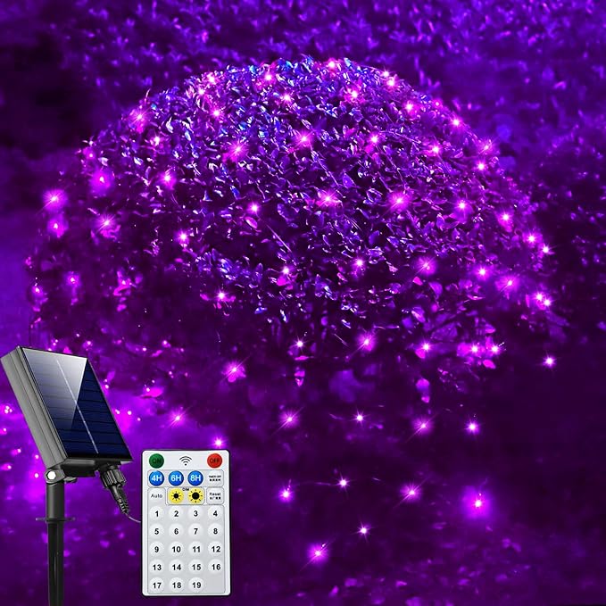Solar Net Lights Outdoor Mesh Lights Christmas Decorations, 200LED String Tree Wrap Waterproof 19 Modes for Bushes, Fence,Garden, Shrubs,Trunk, Halloween,Xmas Decor (Purple, 9.8ft x 6.6ft)