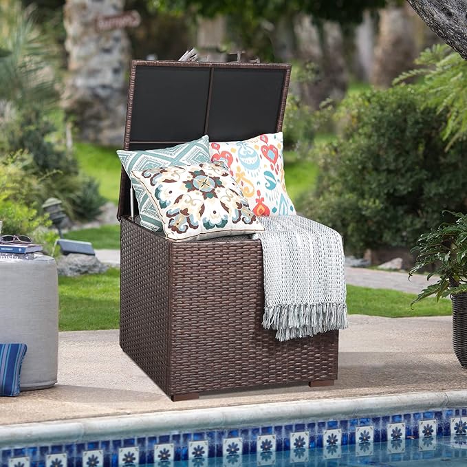 Patiorama 88 Gallon Wicker Deck Box, Indoor/Outdoor Storage Box for Patio Cushions, and Gardening Tools- Resin Rattan Patio Cushion Storage Bin, Brown